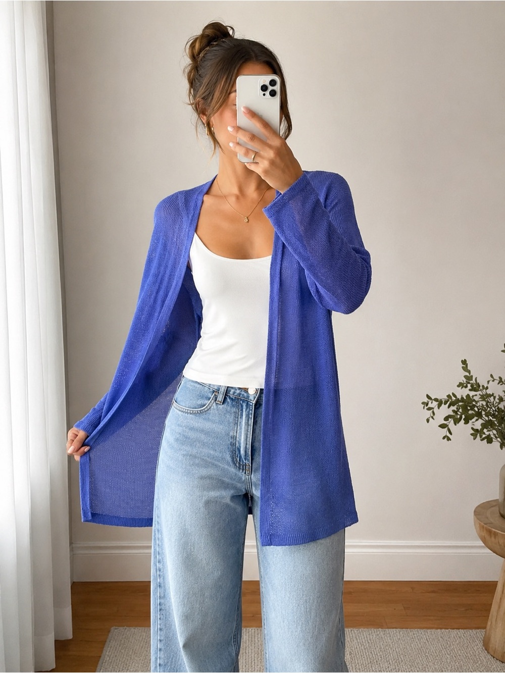 J. Jill Linen Blend Open Front Cardigan Purple Blue Lightweight Petite Medium